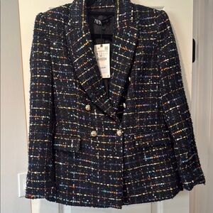 Zara Blue Blazer with Textured Tweed Design
